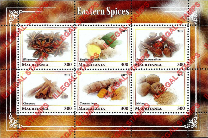 MAURITANIA 2017 Eastern Spices Counterfeit Illegal Stamp Souvenir Sheet of 6 (Sheet 1)