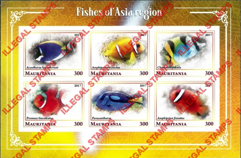 MAURITANIA 2017 Fish of the Asia Region Counterfeit Illegal Stamp Souvenir Sheet of 6 (Sheet 1)