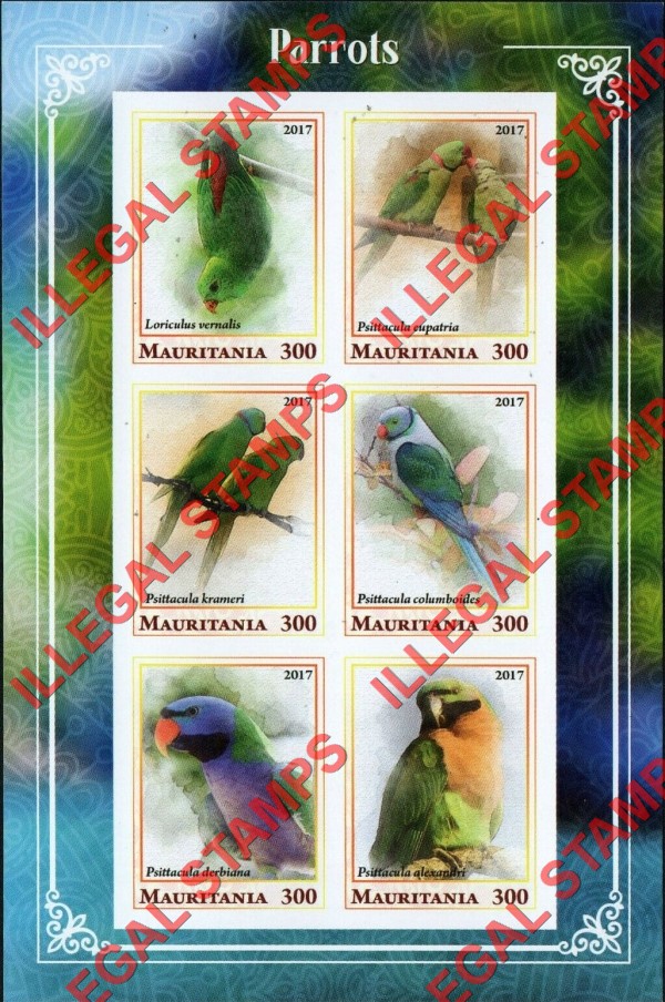 MAURITANIA 2017 Parrots Counterfeit Illegal Stamp Souvenir Sheet of 6 (Sheet 2)