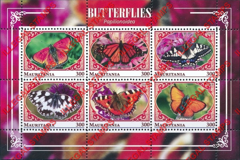 MAURITANIA 2018 Butterflies Counterfeit Illegal Stamp Souvenir Sheet of 6 (Sheet 1)