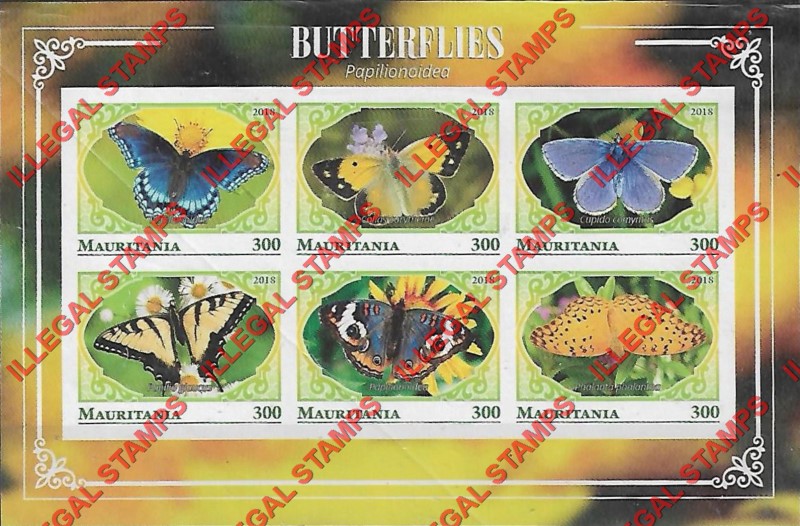 MAURITANIA 2018 Butterflies Counterfeit Illegal Stamp Souvenir Sheet of 6 (Sheet 2)