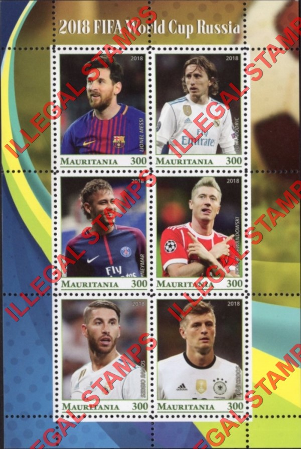 MAURITANIA 2018 FIFA World Cup soccer Players Counterfeit Illegal Stamp Souvenir Sheet of 6 (Sheet 1)