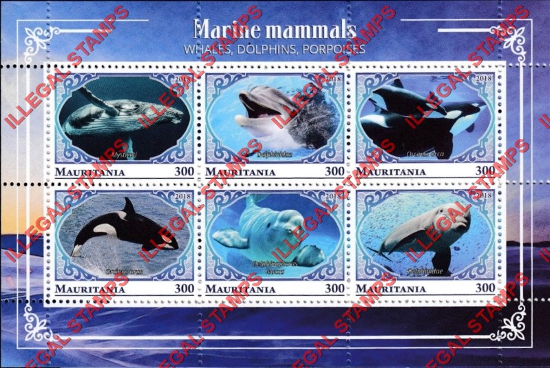 MAURITANIA 2018 Marine Mammals Whales Dolphins Porpoises Counterfeit Illegal Stamp Souvenir Sheet of 6 (Sheet 2)