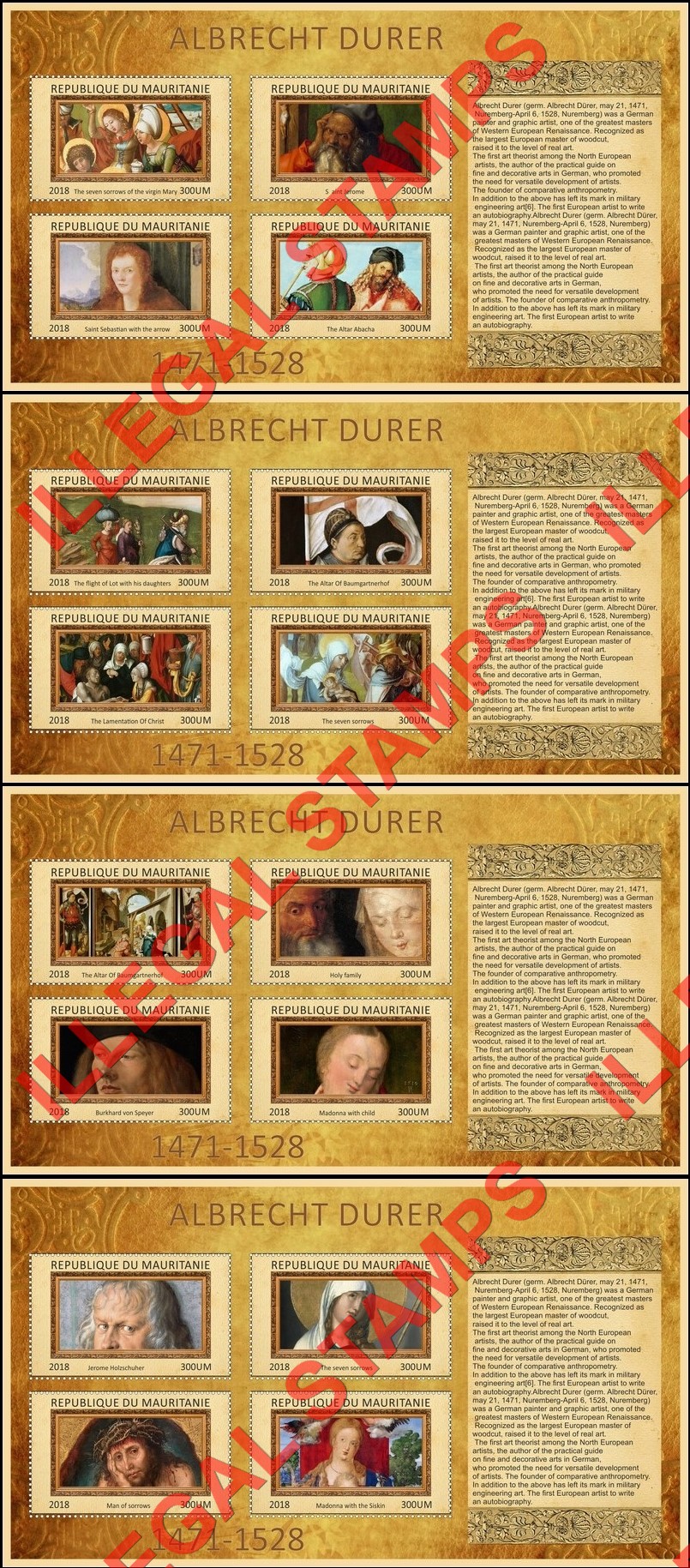 MAURITANIA 2018 Paintings by Albrecht Durer Illegal Stamp Souvenir Sheets of 4