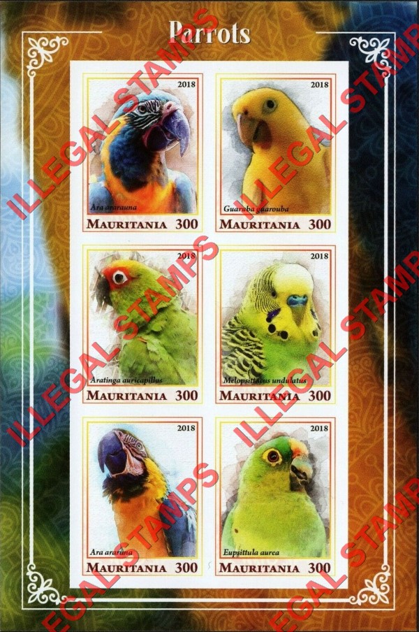 MAURITANIA 2018 Parrots Counterfeit Illegal Stamp Souvenir Sheet of 6 (Sheet 1)