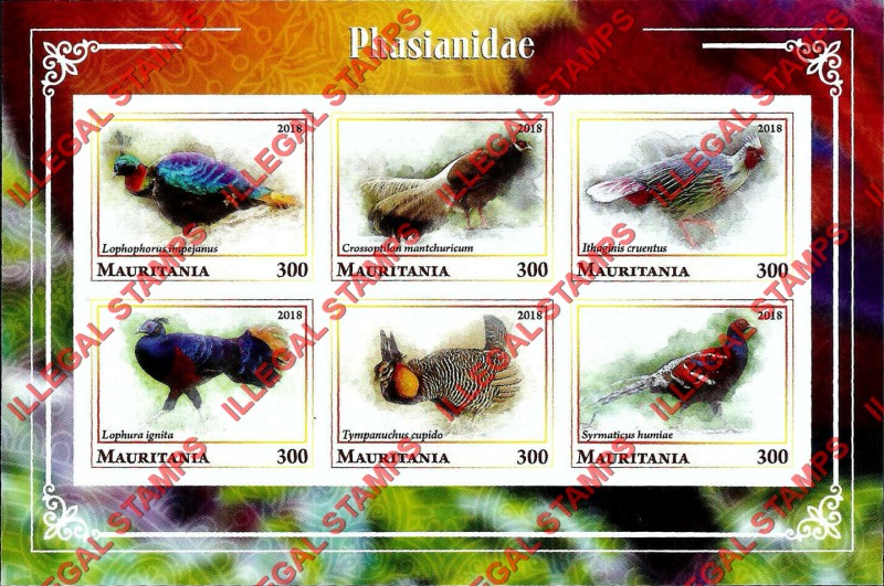 MAURITANIA 2018 Pheasants Birds Counterfeit Illegal Stamp Souvenir Sheet of 6 (Sheet 1)