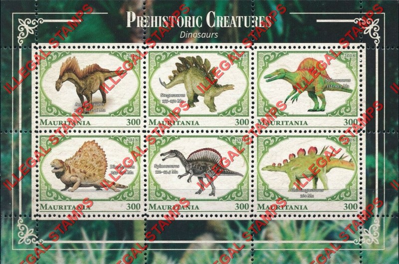 MAURITANIA 2018 Prehistoric Creatures Dinosaurs Counterfeit Illegal Stamp Souvenir Sheet of 6 (Sheet 1)
