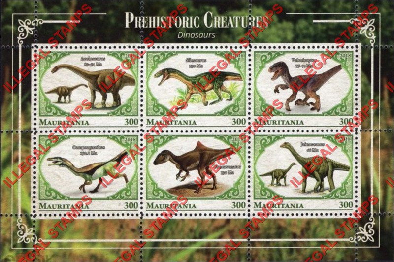 MAURITANIA 2018 Prehistoric Creatures Dinosaurs Counterfeit Illegal Stamp Souvenir Sheet of 6 (Sheet 2)