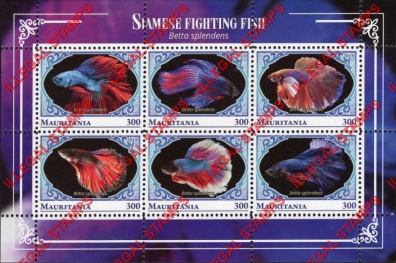 MAURITANIA 2018 Siamese Fighting Fish Counterfeit Illegal Stamp Souvenir Sheet of 6 (Sheet 2)