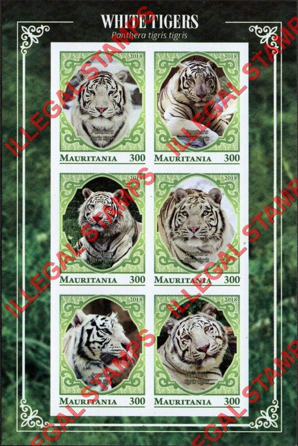 MAURITANIA 2018 White Tigers Counterfeit Illegal Stamp Souvenir Sheet of 6 (Sheet 1)