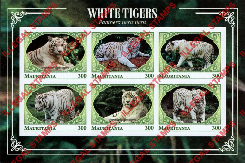 MAURITANIA 2018 White Tigers Counterfeit Illegal Stamp Souvenir Sheet of 6 (Sheet 2)