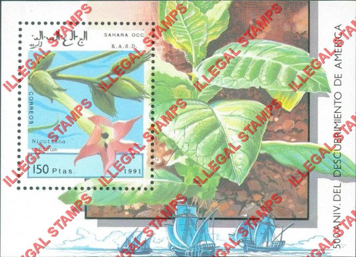 Sahara Occ. RASD 1991 Christopher Columbus Discovery of America Counterfeit Illegal Stamp Souvenir Sheet of 1