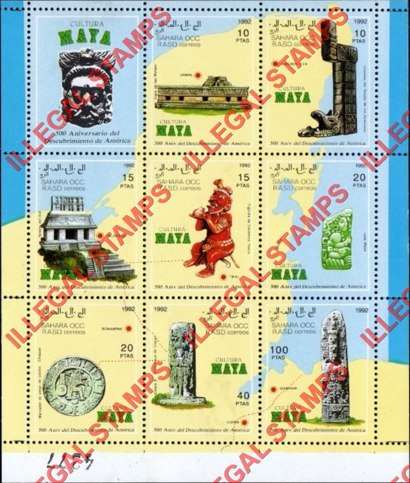 Sahara Occ. RASD 1992 Maya Culture Counterfeit Illegal Stamp Souvenir Sheet of 9