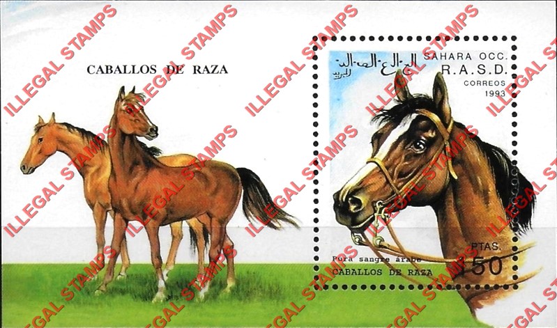 Sahara Occ. RASD 1993 Horses Counterfeit Illegal Stamp Souvenir Sheet of 1