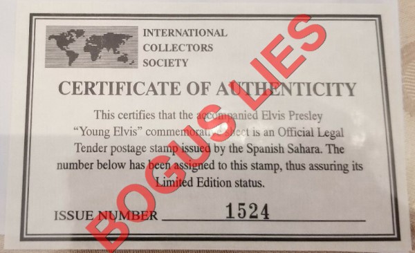 Sahara Occ. RASD 1996 Elvis Presley (Young Elvis) Counterfeit Illegal Stamp Souvenir Sheet of 1 Bogus ICS Certificate