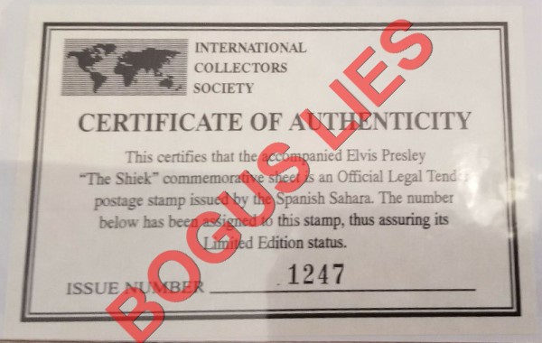 Sahara Occ. RASD 1996 Elvis Presley (The Shiek) Counterfeit Illegal Stamp Souvenir Sheet of 1 Bogus ICS Certificate