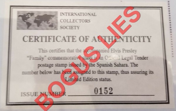 Sahara Occ. RASD 1996 Elvis Presley (Family) Counterfeit Illegal Stamp Souvenir Sheet of 1 Bogus ICS Certificate