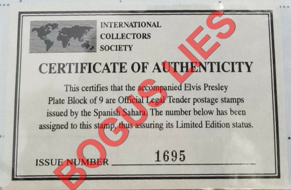 Sahara Occ. RASD 1996 Elvis Presley Counterfeit Illegal Stamp Souvenir Sheet of 9 Bogus ICS Certificate