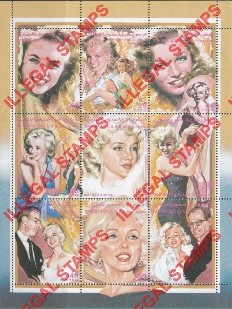 Sahara Occ. RASD 1996 Marilyn Monroe Counterfeit Illegal Stamp Souvenir Sheet of 9