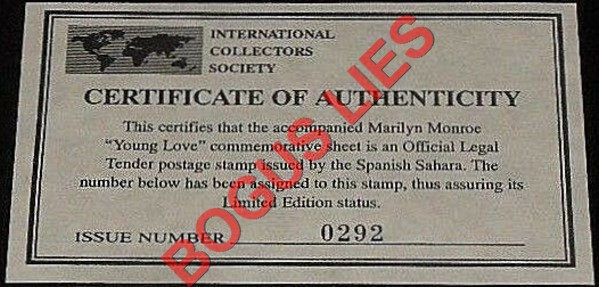 Sahara Occ. RASD 1996 Marilyn Monroe (Young Love) Counterfeit Illegal Stamp Souvenir Sheet of 1 Bogus ICS Certificate