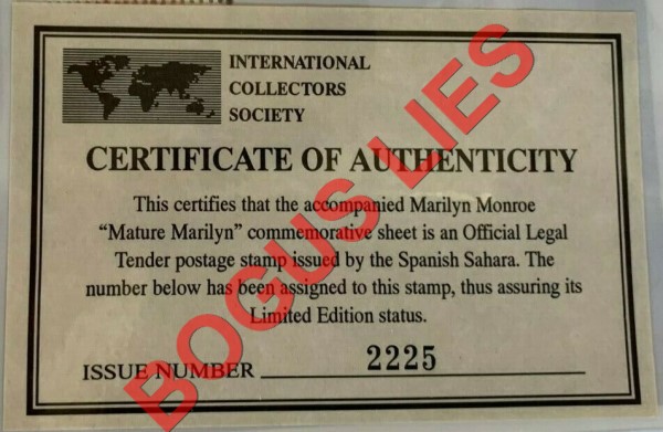 Sahara Occ. RASD 1996 Marilyn Monroe (Mature Marilyn) Counterfeit Illegal Stamp Souvenir Sheet of 1 Bogus ICS Certificate