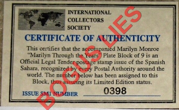 Sahara Occ. RASD 1996 Marilyn Monroe Counterfeit Illegal Stamp Souvenir Sheet of 9 Bogus ICS Certificate