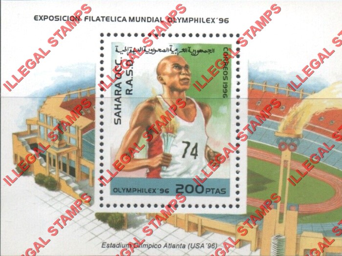 Sahara Occ. RASD 1996 Olymphilex Stadiums Counterfeit Illegal Stamp Souvenir Sheet of 1