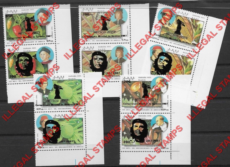 Sahara Occ. RASD 2007 The 1991 Christopher Columbus Discovery of America Counterfeit Illegal Stamp Set of 5 Overprinted for Chess and Che Guevara