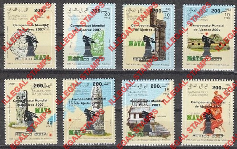 Sahara Occ. RASD 2007 The 1992 Maya Culture Counterfeit Illegal Stamp Set of 8 Overprinted for Chess