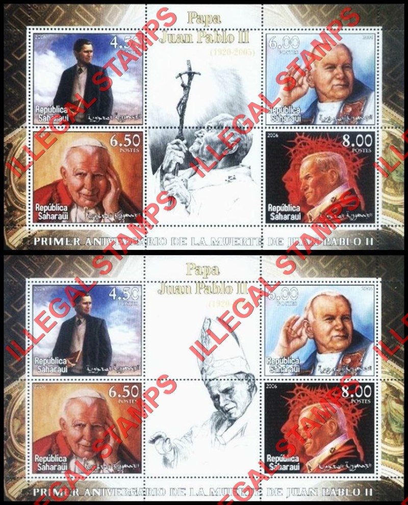 Republica Saharaui 2006 Pope John Paul II Counterfeit Illegal Stamp Souvenir Sheets of 4