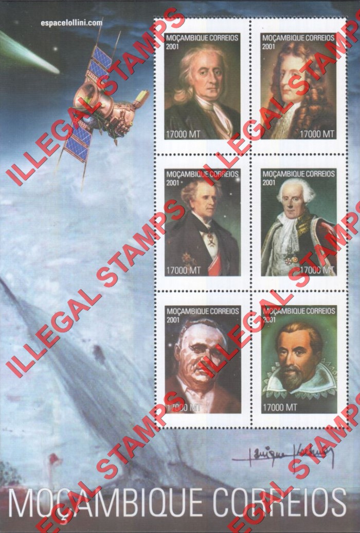  Mozambique 2001 Space Scientists Lollini Counterfeit Illegal Stamp Souvenir Sheet of 6
