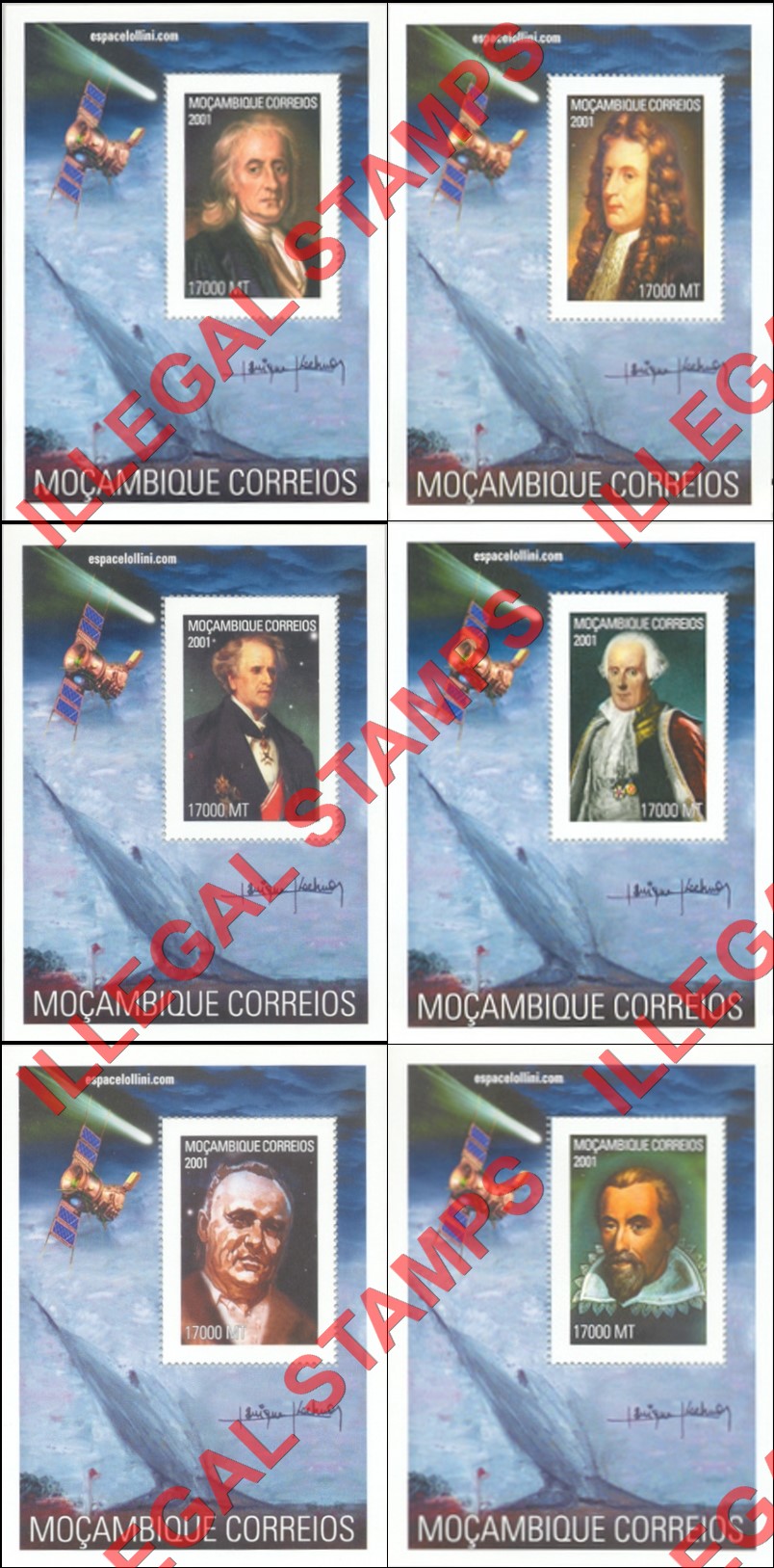  Mozambique 2001 Space Scientists Lollini Counterfeit Illegal Stamp Souvenir Sheets of 1