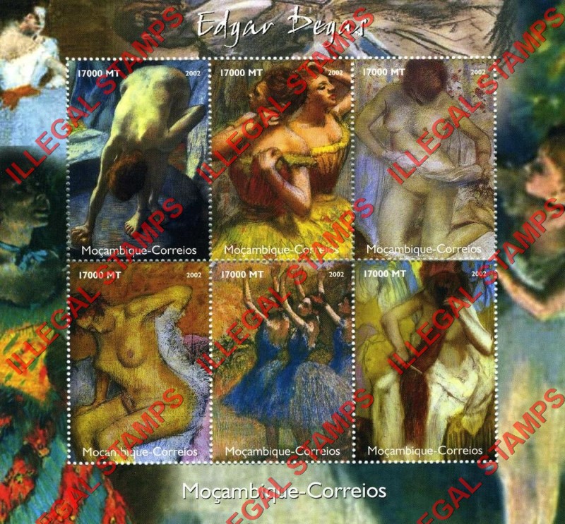  Mozambique 2002 Nude Paintings by Edgar Degas Counterfeit Illegal Stamp Souvenir Sheet of 6