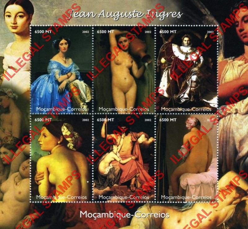  Mozambique 2002 Nude Paintings by Jean Auguste Ingres Counterfeit Illegal Stamp Souvenir Sheet of 6