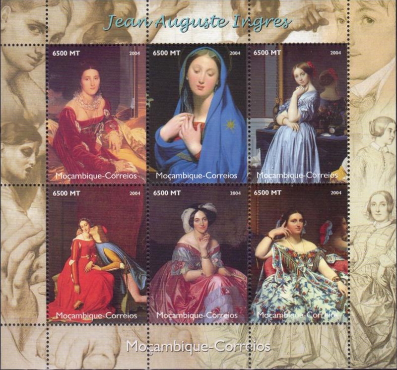  Mozambique 2004 Paintings by Jean Auguste Ingres Genuine Stamp Souvenir Sheet of 6