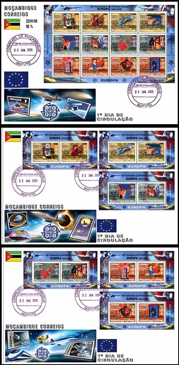  Mozambique 2004 50th Anniversary of EUROPA Counterfeit Illegal Stamp Souvenir Sheets on Fake 2005 First Day Covers