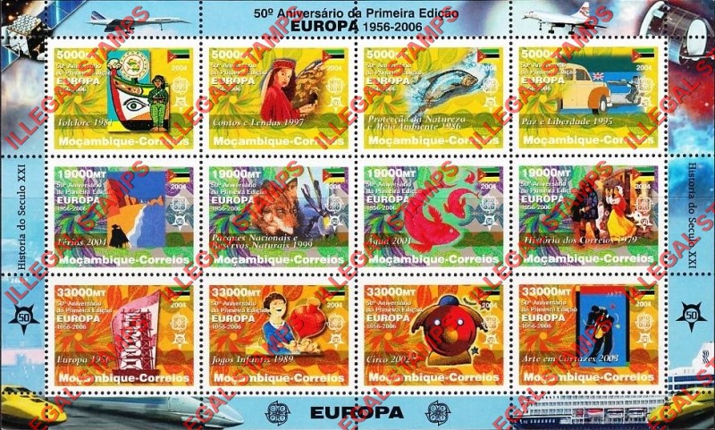  Mozambique 2004 50th Anniversary of EUROPA Counterfeit Illegal Stamp Souvenir Sheet of 12