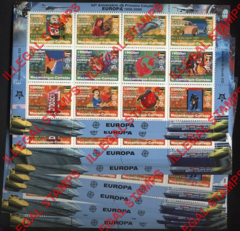  Mozambique 2004 50th Anniversary of EUROPA Counterfeit Illegal Stamp Souvenir Sheet of 12 Bulk Lot for Sale