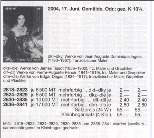 Mozambique 2004 Paintings Listings in Michel Catalog