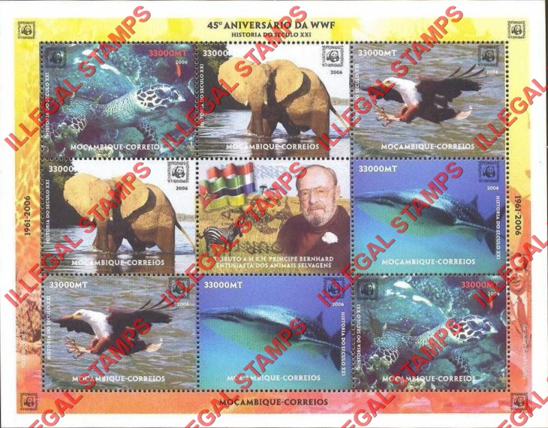  Mozambique 2006 45th Anniversary of the WWF Elephants and Sea Life Counterfeit Illegal Stamp Souvenir Sheet of 9