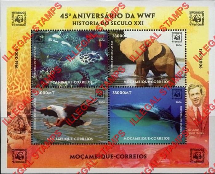  Mozambique 2006 45th Anniversary of the WWF Elephants and Sea Life Counterfeit Illegal Stamp Souvenir Sheet of 4