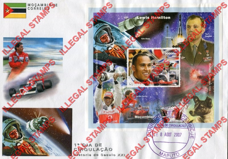  Mozambique 2007 Formula I Lewis Hamilton Counterfeit Illegal Stamp Souvenir Sheet of 1 on Fake First Day Cover