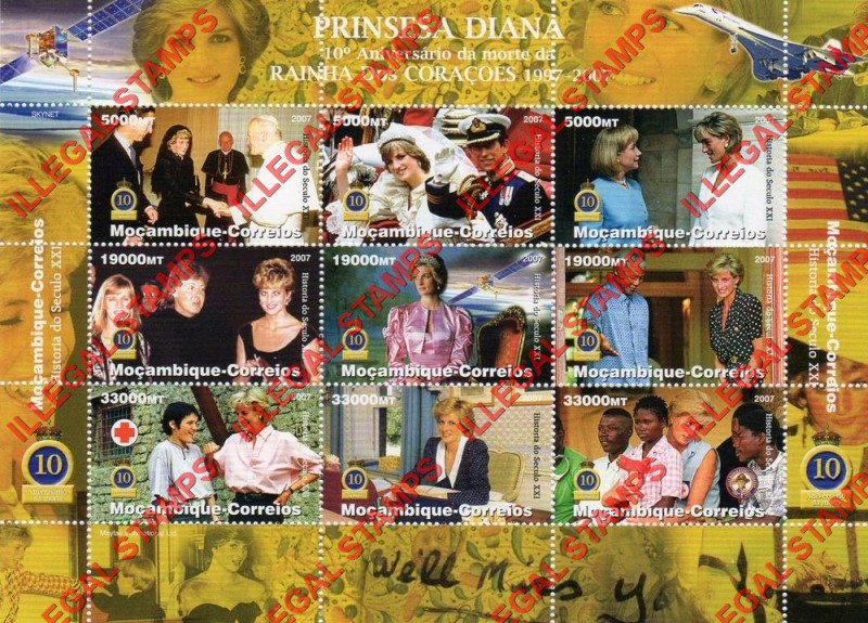  Mozambique 2007 Princess Diana Counterfeit Illegal Stamp Souvenir Sheet of 9
