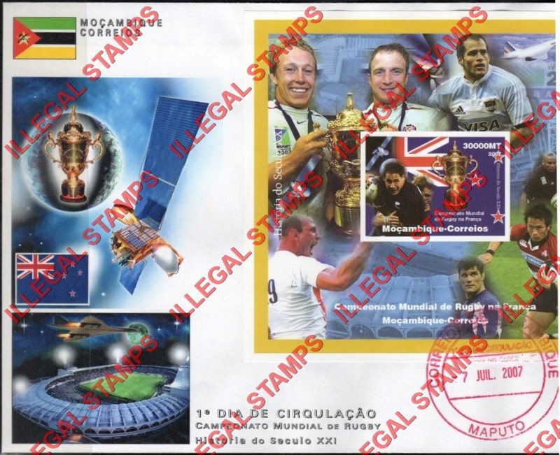  Mozambique 2007 Rugby World Cup New Zealand Counterfeit Illegal Stamp Souvenir Sheet of 1 on Fake First Day Cover