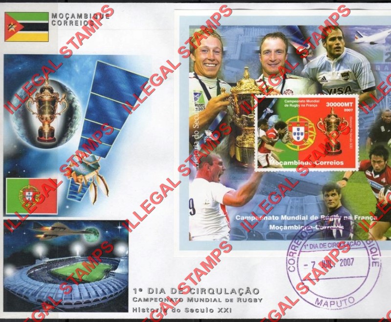  Mozambique 2007 Rugby World Cup Portugal Counterfeit Illegal Stamp Souvenir Sheet of 1 on Fake First Day Cover