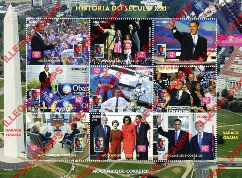  Mozambique 2008 Barack Obama Counterfeit Illegal Stamp Souvenir Sheet of 9