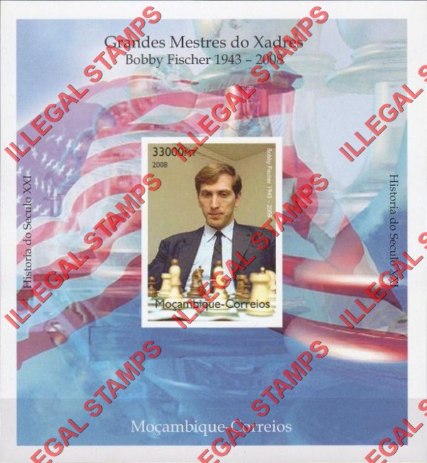  Mozambique 2008 Chess Bobby Fischer Counterfeit Illegal Stamp Souvenir Sheet of 1