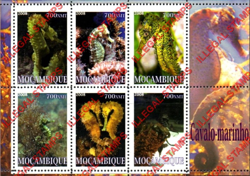  Mozambique 2008 Seahorses Counterfeit Illegal Stamp Souvenir Sheet of 6