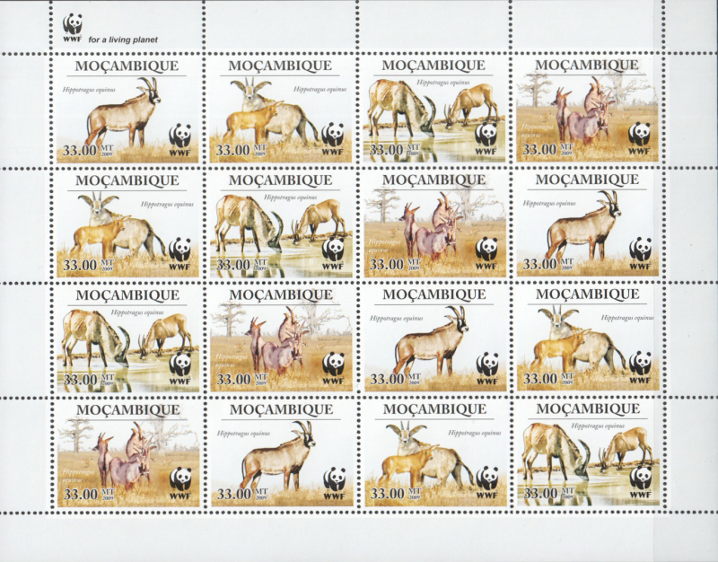  Mozambique 2009 WWF Roan Antelope Genuine Stamp Souvenir Sheet of 16