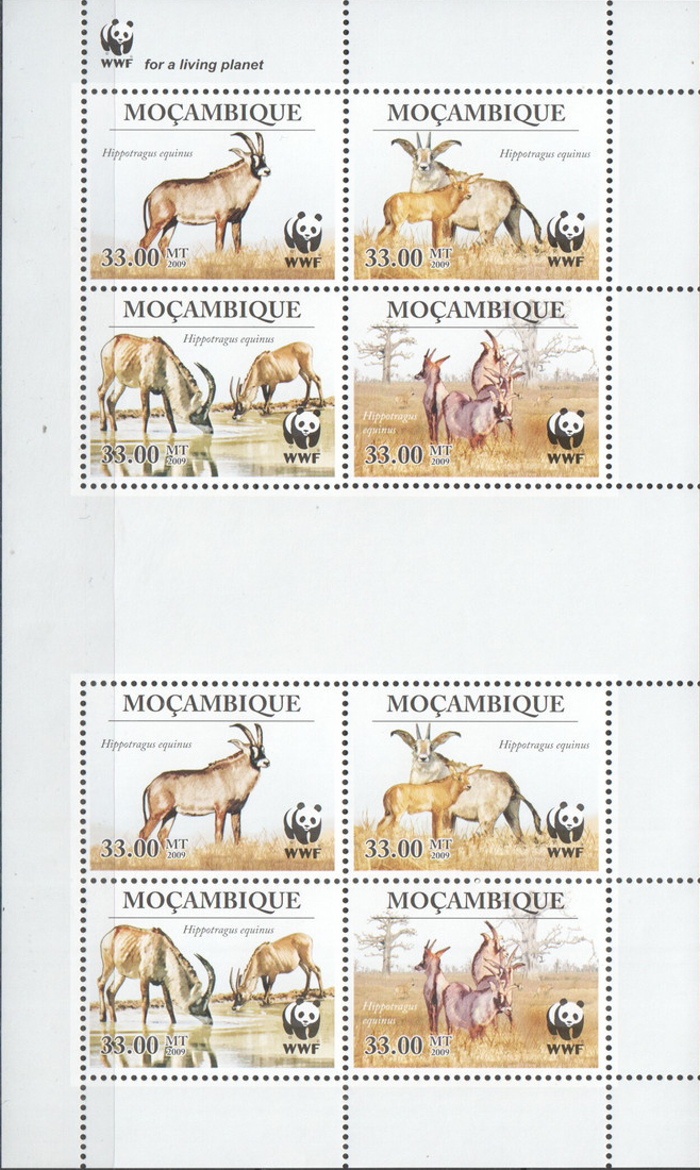  Mozambique 2009 WWF Roan Antelope Genuine Stamp Souvenir Sheet of 8